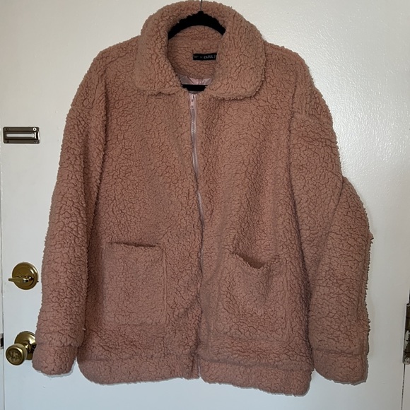 ZAFUL X Yasmine Bateman Pocket Zipper Drop Shoulder Fluffy Teddy Coat - Pink L - Picture 8 of 11